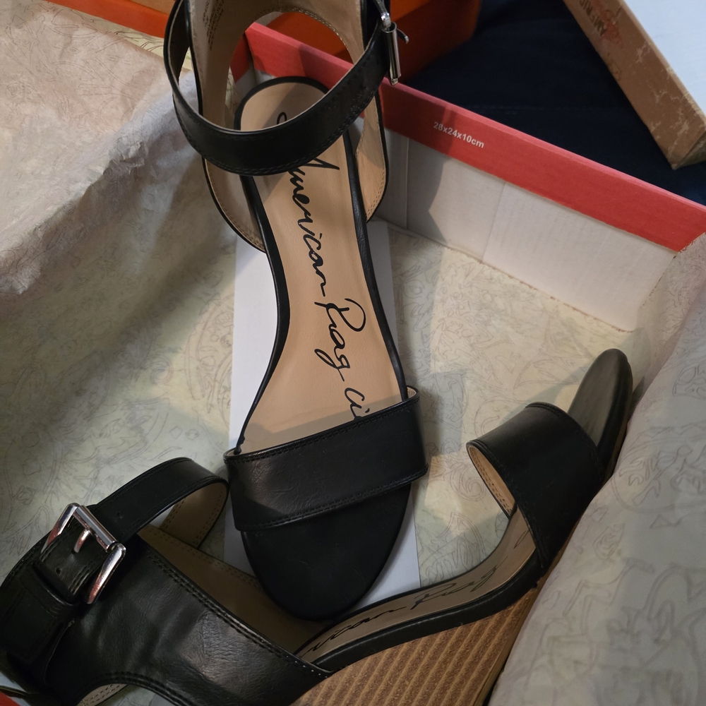American Rag Black Wedge Heels with Ankle Strap